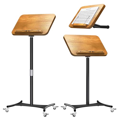 2-in-1 Dual-Use Music Stand & Tabletop Stand, 16.5"–51" Height Adjustable | Portable Rolling Solid Wooden Music Stand for Sheet Music with Adjustable Tilting Angle, Page Holders, For Violin & Guitar - color: Rubberwood Effect, size: Wheeled
