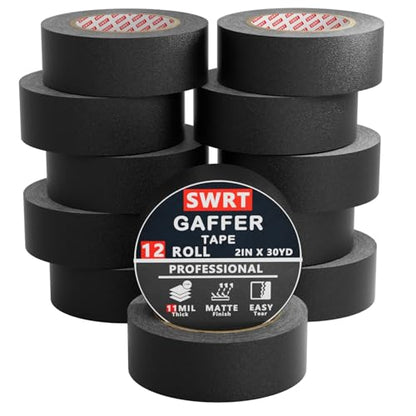 SWRT Gaffers Tape, 12-Pack, 2 in x 30 yd, 11 Mil, Pro Matte, Black | No-Residue Removal; Strong Hold; Non-Reflective; Easy Hand Tear; Film, Stage & Cable Management