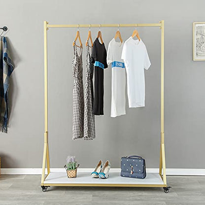 Modern Simple Heavy Duty Metal and Wood Rolling Clothing Garment Rack with Wheel,Creative Commercial Wedding Dress Display Shelf,Floor-Standing Clothes Hangers (Gold with Wood, 47.2" L) - color: Gold with Wood
