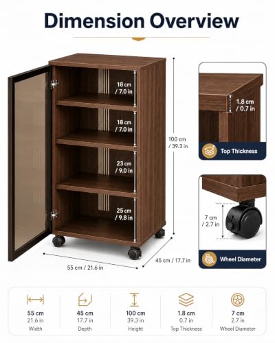 4-Tier Walnut Media Cabinet with Glass Door & Adjustable Shelves | 198 lb Capacity, Clear Tempered Glass with Metal Frame, Ventilated Design, Cable Management, and Locking Caster Wheels - color: Walnut, size: 4-tier