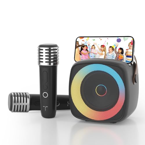 Voice Changer Karaoke Machine with 2 Microphones, Wireless Bluetooth Speaker for Home Party, Portable Mic Set for Kids Adults, Dynamic Lights & Phone Holder - color: Black