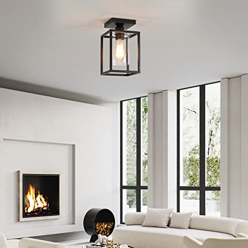 3 Pack Semi Flush Mount Ceiling Light,Black Metal Frame Ceiling Light Fixture with Clear Glass Shade, Farmhouse Light Fixture for Kitchen Island Entryway Porch Foyer - color: 3 PACK