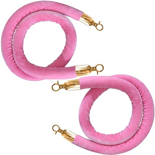2PCS Pink Velvet Stanchion Rope 5 Ft Crowd Control Ropes Barrier with Gold Hooks for Party - color: Pink&gold, size: 2PCS
