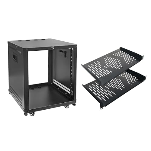 RIVECO 12U Stereo & Server Rack with Caster Wheels, Rolling Network Cabinet, Open Frame Rack for 19-inch Audio Video Music Recording & IT Equipment Lifting Handle & 1U 10" Rack Shelves 2PCS