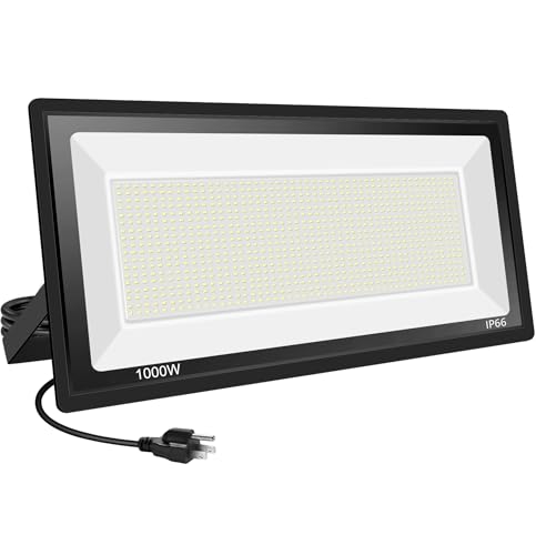 1000W LED Flood Lights Outdoor,Super Bright FloodLight with Plug, 5000K Daylight White Outside IP66 Waterproof Commercial Lighting for Sports Fields,Playgrounds,Parking Lot,Stadium - size: 1000w-1pack