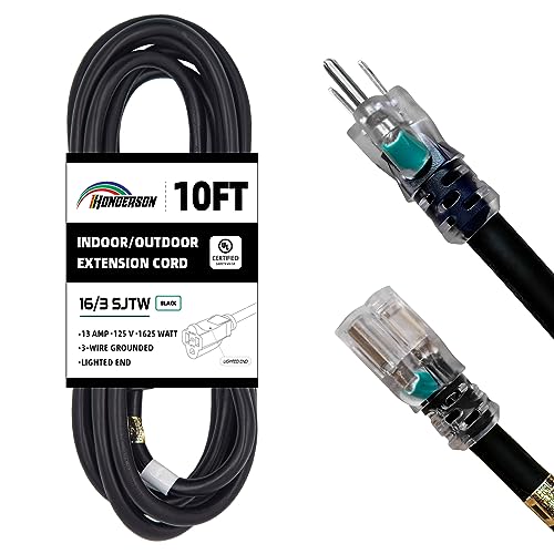 10 Ft Black Outdoor Extension Cord with Lighted End Weatherproof 16 Gauge | UL Certified 16/3 SJTW Cable, 13A Rated, Perfect for Christmas Lights, Garden, Lawn and Outdoor Appliances - size: 10FT, style: 16/3