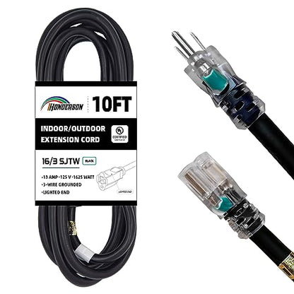 10 Ft Black Outdoor Extension Cord with Lighted End Weatherproof 16 Gauge | UL Certified 16/3 SJTW Cable, 13A Rated, Perfect for Christmas Lights, Garden, Lawn and Outdoor Appliances - size: 10FT, style: 16/3