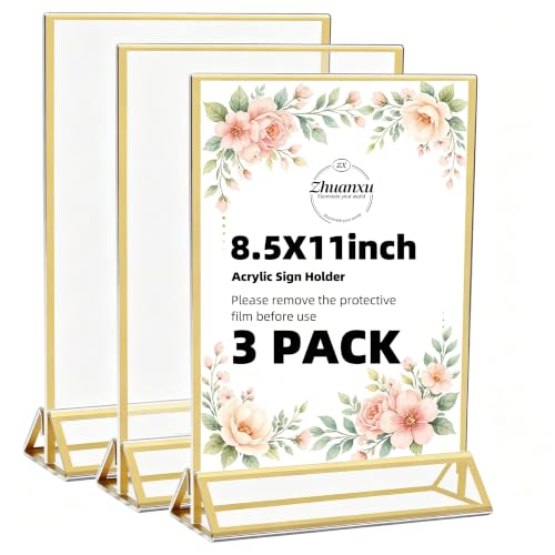 3 Pack Gold Acrylic Sign Holder 8.5 x 11 Inches, Double-Sided Gold Frames | Clear Tabletop Display Stand, Vertical Menu & Flyer Holder for Restaurants, Cafes, Stores, Hotels, Offices, Reception Desk
