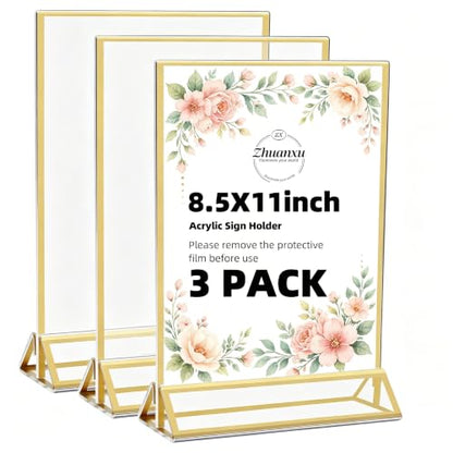 3 Pack Gold Acrylic Sign Holder 8.5 x 11 Inches, Double-Sided Gold Frames | Clear Tabletop Display Stand, Vertical Menu & Flyer Holder for Restaurants, Cafes, Stores, Hotels, Offices, Reception Desk