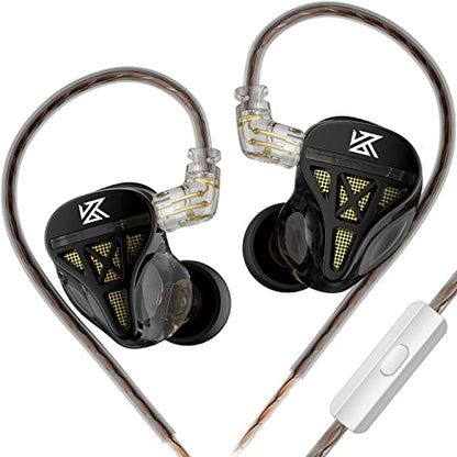 KZ DQS Semi-Open in-Ear Earphones with Mic, Black | HiFi Musician Monitor IEM, Dynamic Driver Earbuds, Semi-Open Wired Headphones, Detachable 2-Pin Cable, Bass Gaming Headset - size: With Microphone
