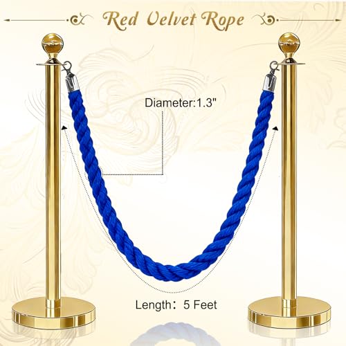 4PCS Blue Barrier Stanchion Rope 5 Ft Crowd Control Ropes Barrier with Silver Hooks for Party - color: Braided-Blue&Silver, size: 4PCS