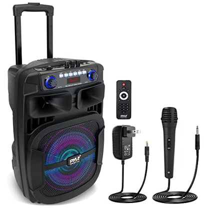 Pyle Portable Bluetooth PA Speaker System - 800W 12 Inch Outdoor Speaker with Built-In Party Lights - USB/SD Card Reader, FM Radio, Extendable Handle w/ Wheels - Includes Wired Microphone & Remote - size: 12 inches
