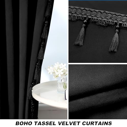 Fazhesici Black Velvet Blackout Curtains, Rod Pocket 2 Panels, 52”W x 84”H | Velvet Drapes with Tassels, Thermal Soundproof Blackout Curtains for Living Room - color: Black, size: 52"W x 84"L (Pack of 2)