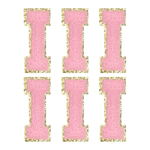 MECCANIXITY Chenille Letter Patches 2.2" Self Adhesive Alphabet I Stick on Embroidered Patch Sew on Letter Stickers Applique for Repairing Clothing Jeans Shoes Hats DIY(Pink, Pack of 6) - style: Letter-I
