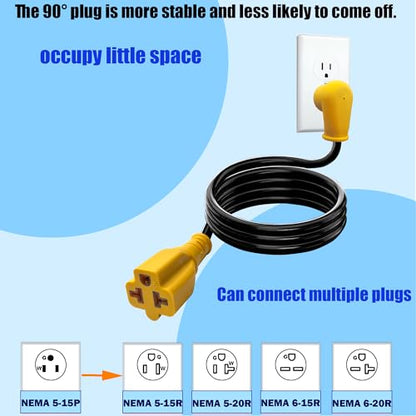 Waterproof 6Ft 15 Amp Household to 20 Amp AC Power Adapter Cable | 12/3 Outdoor Extension Cord Flat Plug,[4 in 1] NEMA 5-15P to 5-15R, 5-20R, 6-15R, 6-20R T Blade,125V AC Extension Cord - size: 6ft Extension cord