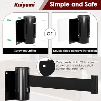 kaiyomi 11 Feet Retractable Belt Barriers Fixed Wall Mount (Black Belt) | Crowd Control Barriers with Black Steel Case, Stainless Steel Spring Expansion Belt - color: Black, size: 11 Feet Upgraded