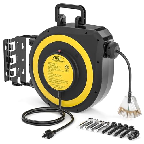 CRST 50 FT Retractable Extension Cord Reel, 14AWG/3C SJTOW | Heavy Duty Power Cord with Lighted Triple Tap, 180° Swivel Wall/Ceiling Mount, 13-Amp Circuit Breaker, ETL Listed