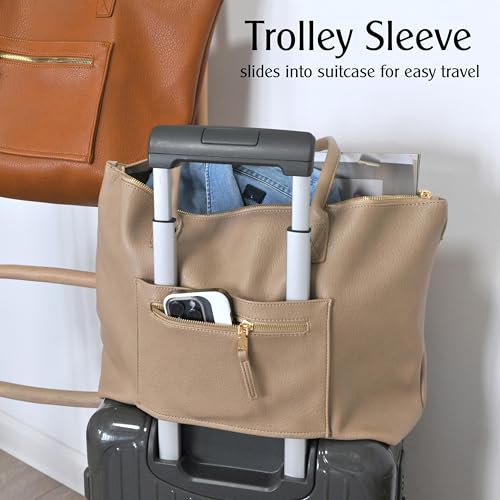 HOXIS Tote Bag for Women with Zipper Vegan Leather Handbag with Trolley Sleeve Travel Weekender Carryall Bag - color: Nude