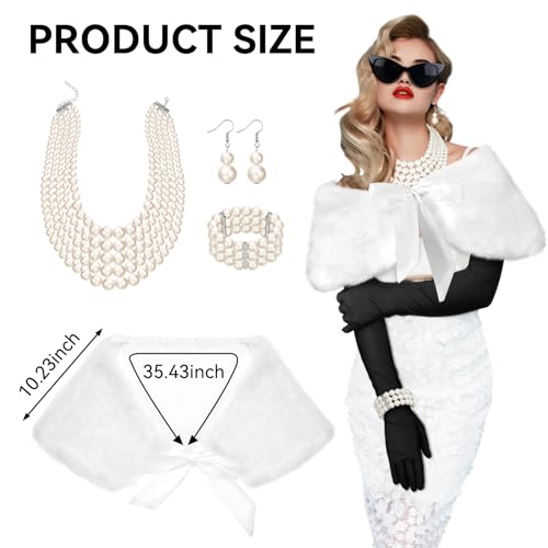 7 Pcs 1920s Flapper Costume Accessory Women Lady Vintage Elegant | Retro Old Hollyween Aesthetic Pearl Accessory Outfit,Faux Fur Shawl,Cat Eye Sunglasses,Bracelet Earring Necklace Glove