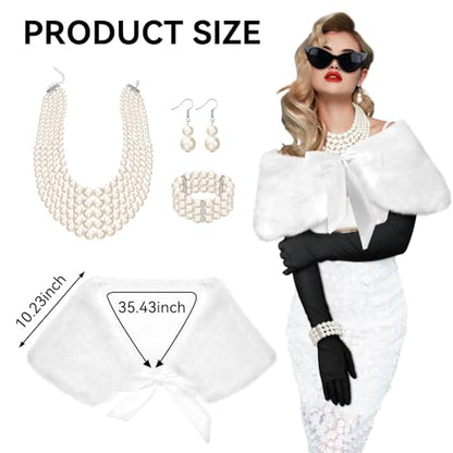 7 Pcs 1920s Flapper Costume Accessory Women Lady Vintage Elegant | Retro Old Hollyween Aesthetic Pearl Accessory Outfit,Faux Fur Shawl,Cat Eye Sunglasses,Bracelet Earring Necklace Glove