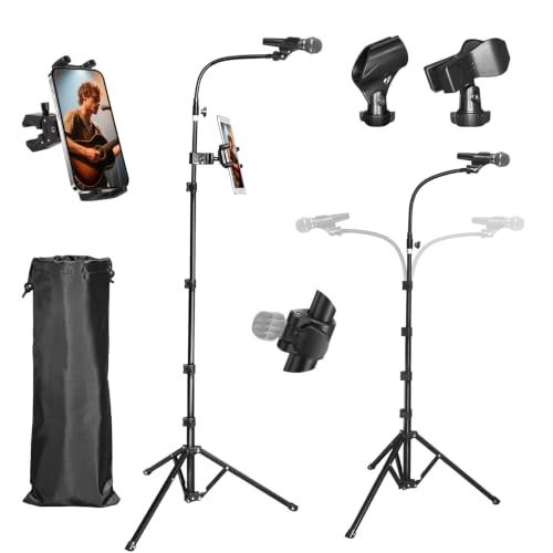 2 in 1 Foldable Microphone Floor Stand with Phone & Ipad Holder, 78’’ Tall Height Adjustable Boom Mic Tripod, For Singing, Performance, Karaoke, Speech, Stage, 17" Min Storage size with Bag