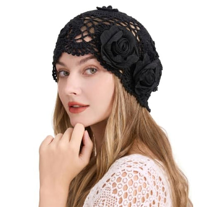 ZLYC Women Cotton Crochet Slouchy Beanie Hat Handmade Knit Summer Skull Cap | Lightweight breathable,boho casual chic look,travel photos festival party,café commute daily wear,beach concert gathering - color: Decorative Flowers Black