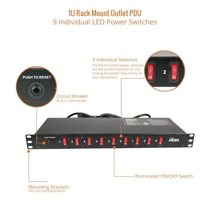 Tecmojo 9-Outlet Rack Mount Overloading Protection Circuit Breaker PDU, with Individual Switch 6ft Cord for IT and Network Racks and Cabinets - size: 9 Outlets/12A/Overloading Protection