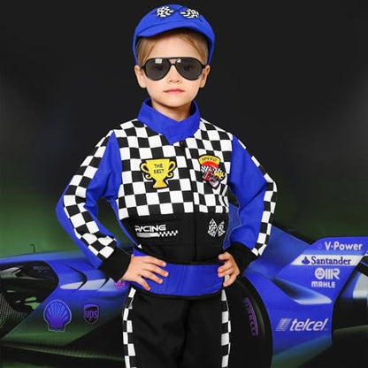 Latocos Kids Race Car Driver Costume Boys Girls Racer Jumpsuit With Car Cap Sunglasses Kids Dress Up Role Play for Halloween - color: Blue, size: S(5-7)