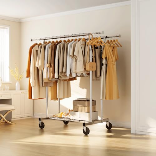 HYSEYY Heavy Duty Clothes Rack, Rolling Clothing Rack for Hanging Clothes with Shelves Load 700LBS,Portable Garment Wardrobe Closet Rack with Wheels for Bedroom,Laundry Room,Retail Store,Silver