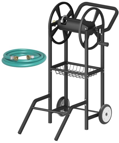 Hose Reel Cart with 2 Wheels, Garden Water Hose Holder Heavy Duty Powder Coated Steel Outdoor Winder Storage Holds 125 ft 5/8" Hoses with Basket and 3.9ft Leader Hose for Backyard, Black - color: Black