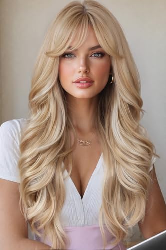 WIGER Long Wavy Hair With Bangs Flaxen Mix Blonde Curly Wigs | 26 Inch Synthetic Layered Wavy Hair for Women Daily or Halloween Cosplay Party Wigs - color: Blonde Highlight