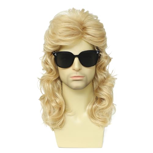Men's 80s Rock Mullet Wig, Long Curly Retro Costume Wig, Perfect for 80s Theme Parties, Halloween, Rock Concerts and Cosplay with Sunglasses (Light Blonde) - color: 8002-Light Blonde