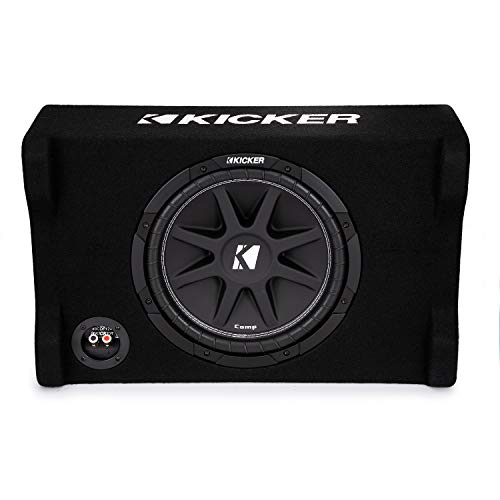 KICKER 48CDF124 Comp 12" Subwoofer in Down Firing Enclosure, 4-Ohm | Loaded ported box design, space-saving behind-seat truck fit, protected downward woofer, deep bass output, easy install