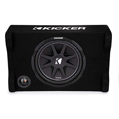 KICKER 48CDF124 Comp 12" Subwoofer in Down Firing Enclosure, 4-Ohm | Loaded ported box design, space-saving behind-seat truck fit, protected downward woofer, deep bass output, easy install