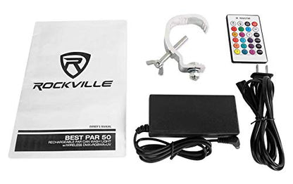 Rockville Best PAR 50 Rechargeable Wash Light Pair Bundle with RLB90 Bag | 15-Hour Rechargeable Battery, 4400mAh, RGBWA+UV, Wireless DMX, Remote, Sound Activated, Strobe, RLB90 Travel Bag, 3-Items