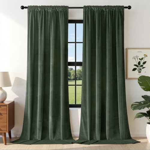 Joydeco Dark Olive Velvet Curtains 63 inch Length 2 Panels, Luxury Blackout Rod Pocket Thermal Insulated Window Curtains, Super Soft Room Darkening Drapes for Living Room Bedroom,W52 x L63 inches - color: Rod Pocket | Dark Olive Green, size: 52"W x 63"L (