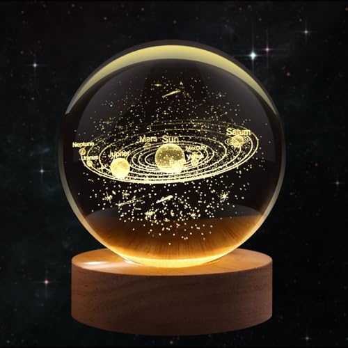 Flexzion 3D Solar System Crystal Ball Lamp, 3.15 inch, USB Night Light | Solar System Lamp with Solid Beech Wood Base and Adjustable Brightness for Bedrooms, Nightstands, Desks, Shelves Room Decor - size: 3.15 inch (80mm), style: Solar System