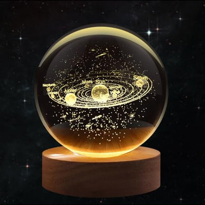 Flexzion 3D Solar System Crystal Ball Lamp, 3.15 inch, USB Night Light | Solar System Lamp with Solid Beech Wood Base and Adjustable Brightness for Bedrooms, Nightstands, Desks, Shelves Room Decor - size: 3.15 inch (80mm), style: Solar System