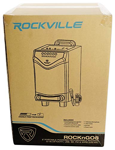 Rockville ROCKnGo 8" Portable Rechargeable Bluetooth PA Speaker with Mic | 360W Peak / 90W RMS, Wireless VHF Mic, 4-8 Hour Rechargeable Battery, XLR / USB, Wheels, 5 Band EQ, Record, Echo, Class D Amp