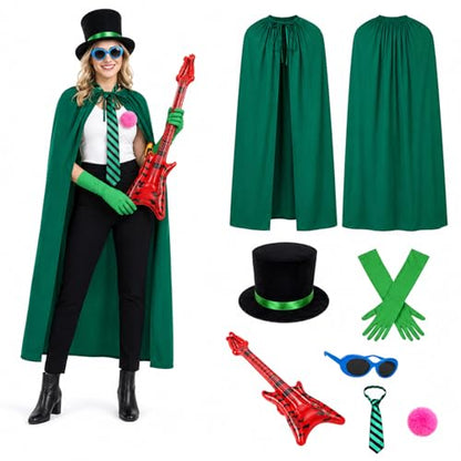 7 Pcs Green Costume Accessories Set Classic Cartoon Inspired Cape Top Hat Gloves Stripe Tie Sunglasses Inflatable Bass Halloween Cosplay Book Day Party Outfit Adults