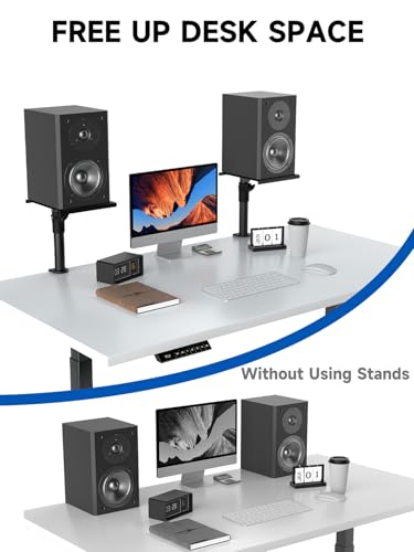 suptek Clamp-on Speaker Stand Desk Mount Set, Height Adjustment, Swivel, 9.6 x 8.8 inch Trays, Universal Audio Holders for Bookshelf Speakers, Elevated Sound, Against the Wall, 2 Pack, Black, SDM001K - size: Speaker Stands Against the Wall