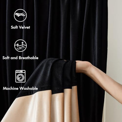 Luxury Black Beige Velvet Blackout Curtains 63 inches for Living Room - color: Black & Champagne, size: 52"W x 63"L (Pack of 2)