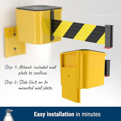 Wall Mounted Yellow Retracta-Belt 15' BLK/YLW Belt Barrier | WM412 Series, Retractable Belt Wall Mounted Crowd Control Barrier with Receiving End - color: Yellow Case w/ Black & Yellow Diagonal Belt, size: 15' Belt