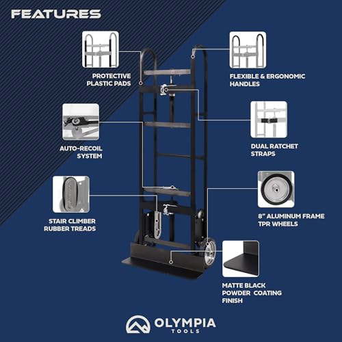 Olympia Tools 800LB Auto-Recoil Appliance Hand Truck - Moving Hand Truck with Easy-to-use Belt Tightener for Transport Large/Bulky Appliances Refrigerator Dolly - Heavy-Duty Furniture Dolly Trolley - size: 800 LB Auto-Recoil Appliance Hand Truck