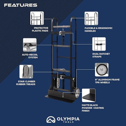 Olympia Tools 800LB Auto-Recoil Appliance Hand Truck - Moving Hand Truck with Easy-to-use Belt Tightener for Transport Large/Bulky Appliances Refrigerator Dolly - Heavy-Duty Furniture Dolly Trolley - size: 800 LB Auto-Recoil Appliance Hand Truck