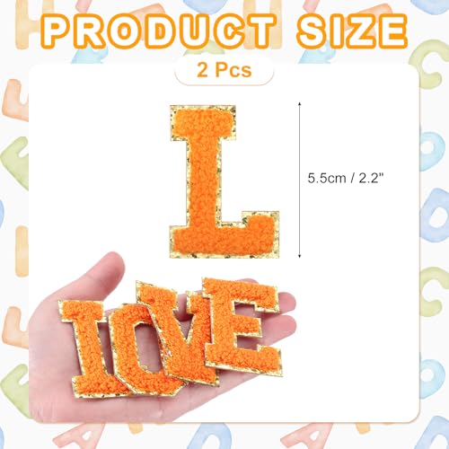 MECCANIXITY Chenille Letter Patches 2.2" Self Adhesive Alphabet L Stick on Embroidered Patch Sew on Letter Stickers Applique for Repairing Clothing Jeans Shoes Hats DIY(Orange, Pack of 2) - style: Letter-L