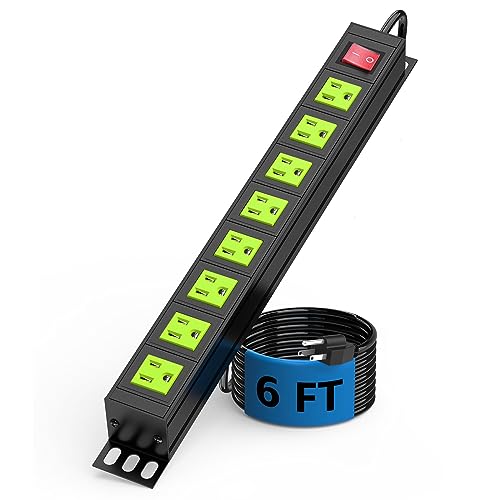 Metal 8 Outlet Mountable Power Strip, Wall Mount Outlet Power Strips Heavy Duty, Commercial Shop Power Strip with Switch, 15A 125V 1875W, 300J (Green 6FT) - color: Green 6FT