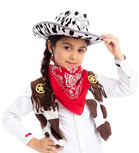 Spooktacular Creations 2 Pcs Adult Kids Felt Cow Print Cowboy Hat, Halloween Costume Accessory for Boys Girls, Cowgirl Hat for Women Wild West Themed Parties