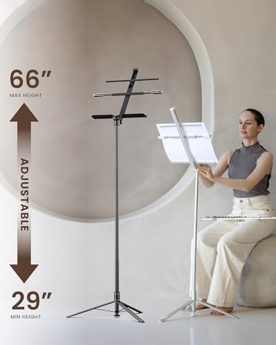 KraftGeek Capsule Music Stand for Sheet Music, 66" Portable Music Stand | No Assembly, Folding Design for Travel, 29"-66" Adjustable Height, Foldable Tray Fits A3 Sheets, Dual 1/4" Mounts - color: White