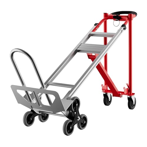 Heavy Duty Aluminum Hand Truck, 3-in-1 Convertible Folding Dolly Cart, Stair Climbing Hand Truck with Wheels, Industrial Platform Trolley for Warehouse, Home, Office & Transport Moving - color: Red+silver